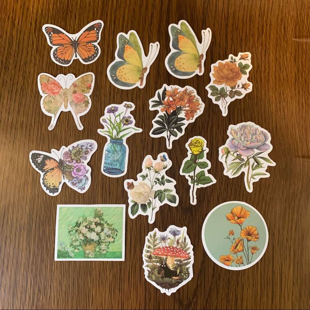 14 Assorted Stickers Bundle// Rustic, Vintage, Aged// Butterfly, Flowers, Floral